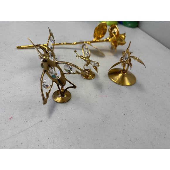 Vtg 24k Gold Plated Austrian Crystal Bird Rose Flower Butterfly Figure Set of 4 - Picture 3 of 7
